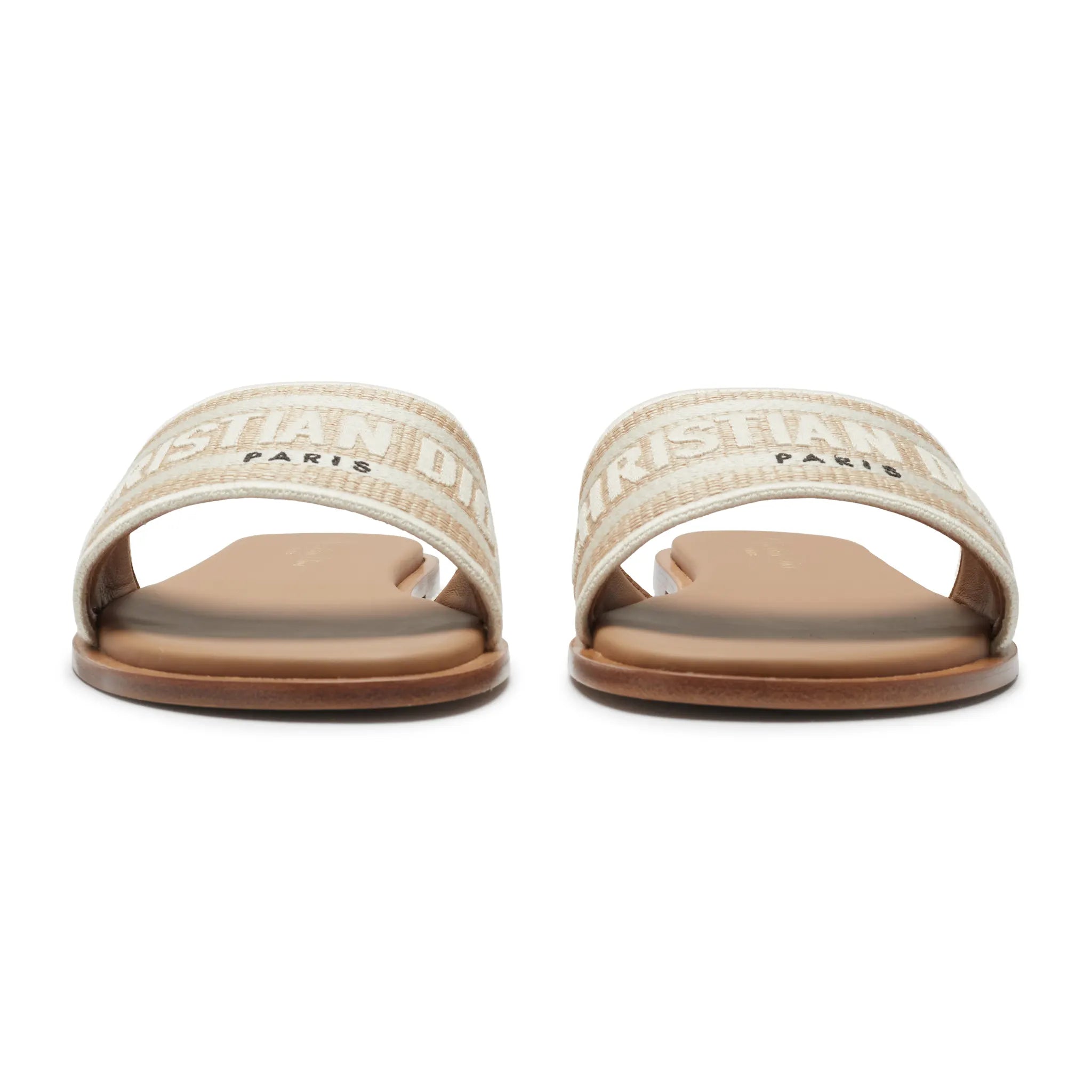 Front View of Dior Dway Embroidered Cotton Beige Slides
